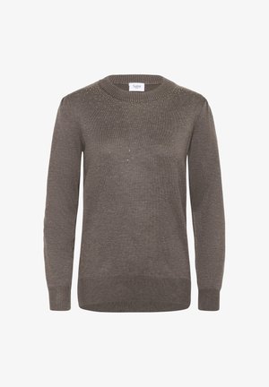 Brown knit sweater with a round neckline, featuring tiny gold specks along the top. Ribbed cuffs and hem complete the design.