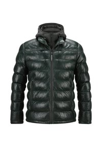 Dunkelgrüne gepolsterte Jacke mit glänzendem Lederobermaterial, Rei�ßverschluss, Kapuze mit Kordelzug und gerippten Bündchen. Verfügt über seitliche Taschen mit Reißverschluss.