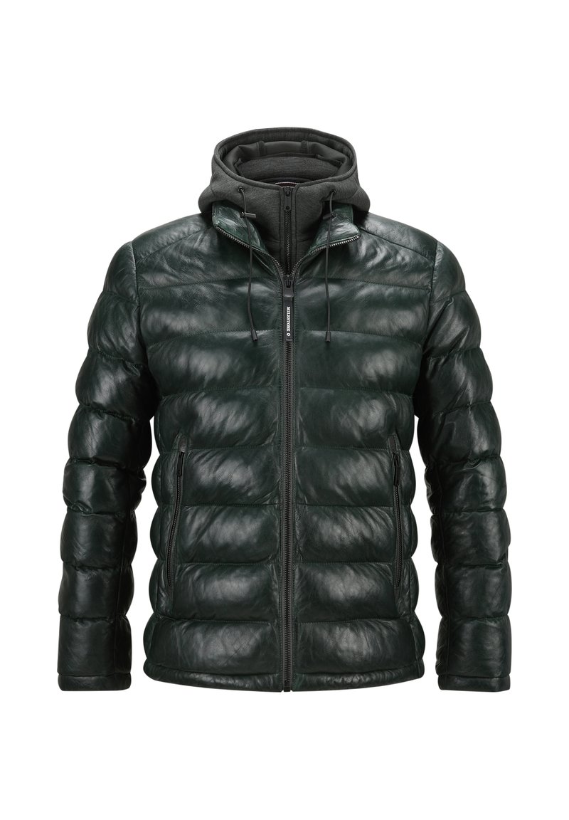 Dunkelgrüne gepolsterte Jacke mit glänzendem Lederobermaterial, Reißverschluss, Kapuze mit Kordelzug und gerippten Bündchen. Verfügt über seitliche Taschen mit Reißverschluss.