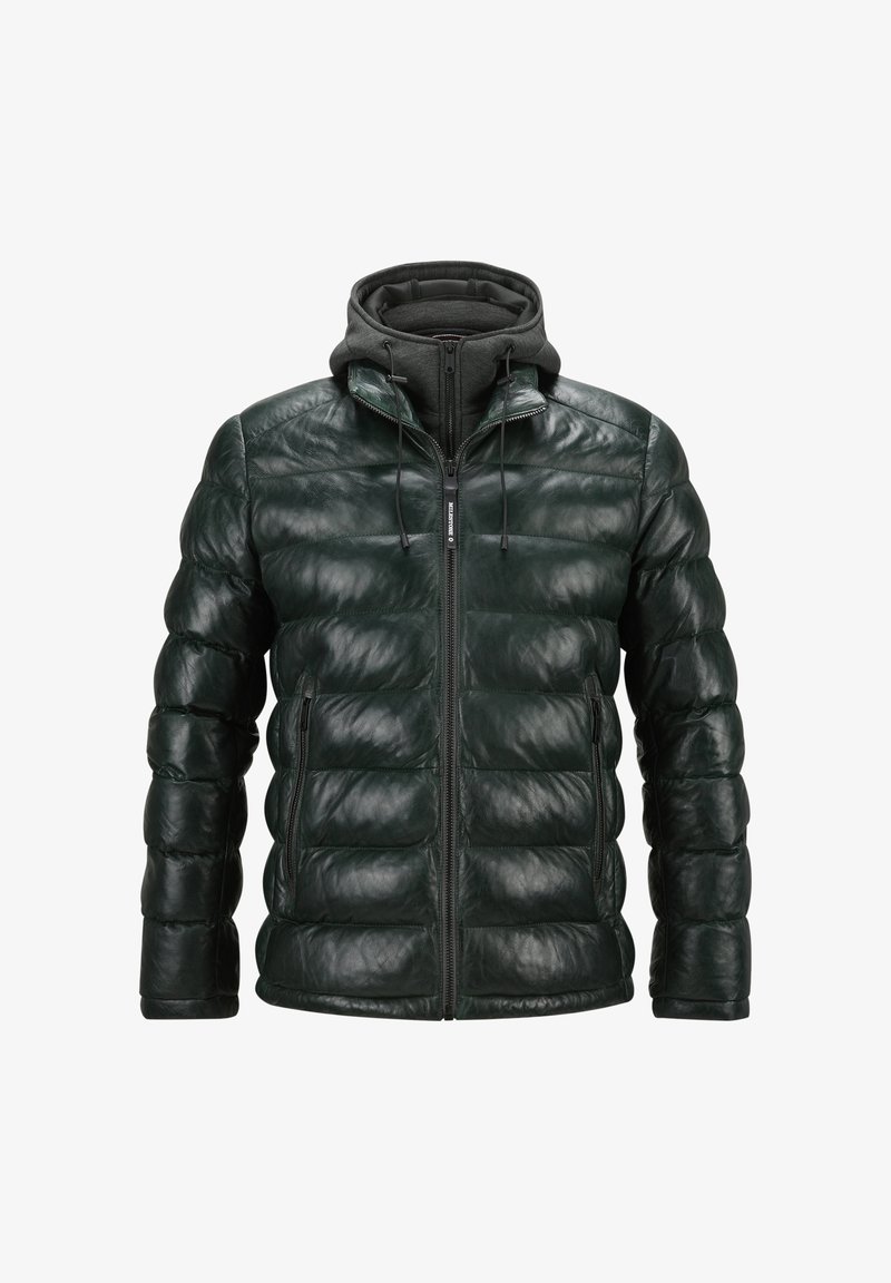 Dunkelgrüne gepolsterte Jacke mit glänzendem Lederobermaterial, Reißverschluss, Kapuze mit Kordelzug und gerippten Bündchen. Verfügt über seitliche Taschen mit Reißverschluss.