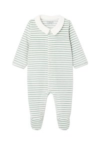 Baby-Fußanzug mit grünen und weißen horizontalen Streifen, langen Ärmeln, weißem Kragen und Druckknöpfen vorne und an den Beinen.