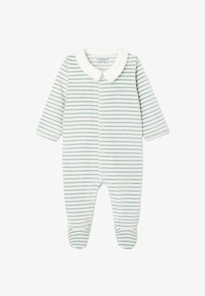 Baby-Fußanzug mit grünen und weißen horizontalen Streifen, langen Ärmeln, weißem Kragen und Druckknöpfen vorne und an den Beinen.
