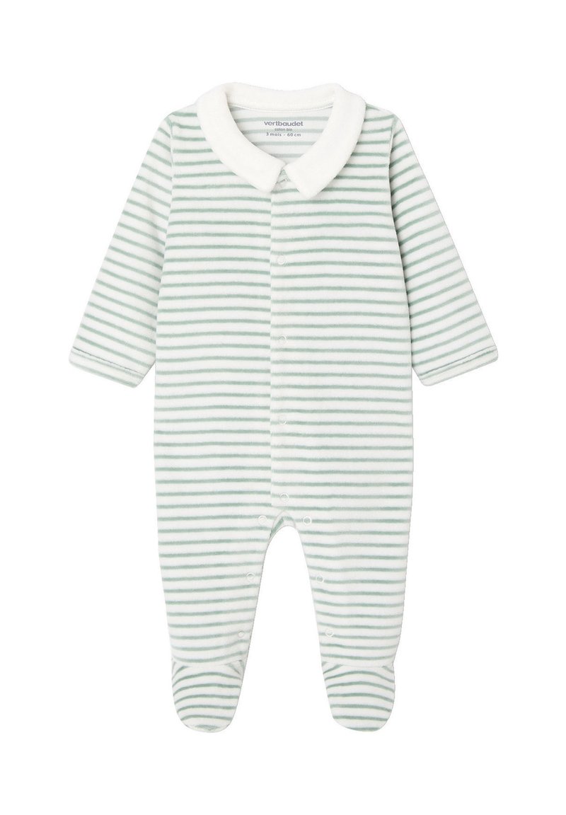 Baby-Fußanzug mit grünen und weißen horizontalen Streifen, langen Ärmeln, weißem Kragen und Druckknöpfen vorne und an den Beinen.