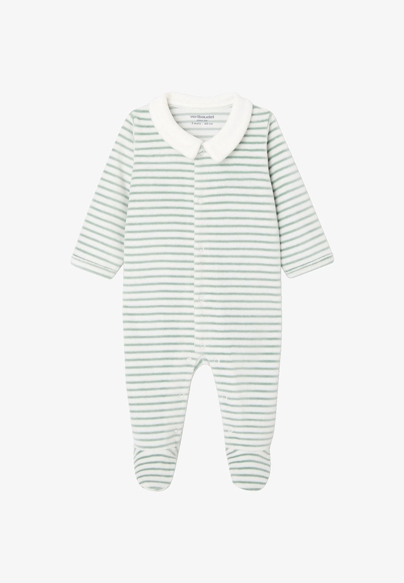 Baby-Fußanzug mit grünen und weißen horizontalen Streifen, langen Ärmeln, weißem Kragen und Druckknöpfen vorne und an den Beinen.