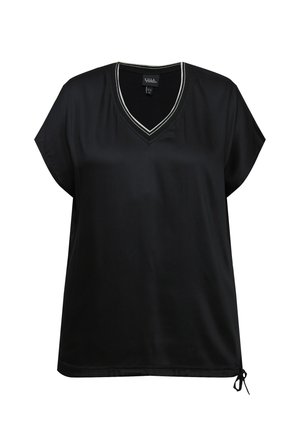 Schwarzes T-Shirt mit kurzen Ärmeln und V-Ausschnitt sowie Kontrastnähten am Kragen. Verfügt über eine lockere Passform und eine verstellbare Bindung am Saum.