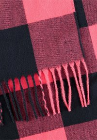 Rot-schwarzer karierteter Schal aus weichem Material mit fransigen Kanten in passenden Farben. Die Textur ist glatt mit einem gewebten Muster.