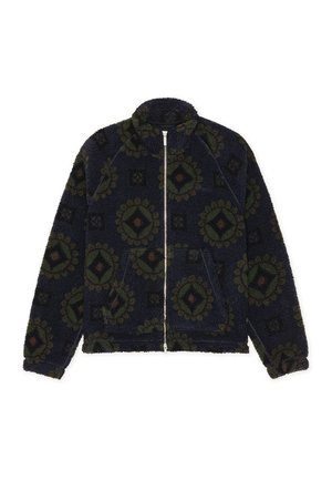 Fleece jacket in navy with a textured, patterned design featuring green and burgundy geometric shapes. Full zip and stand collar.