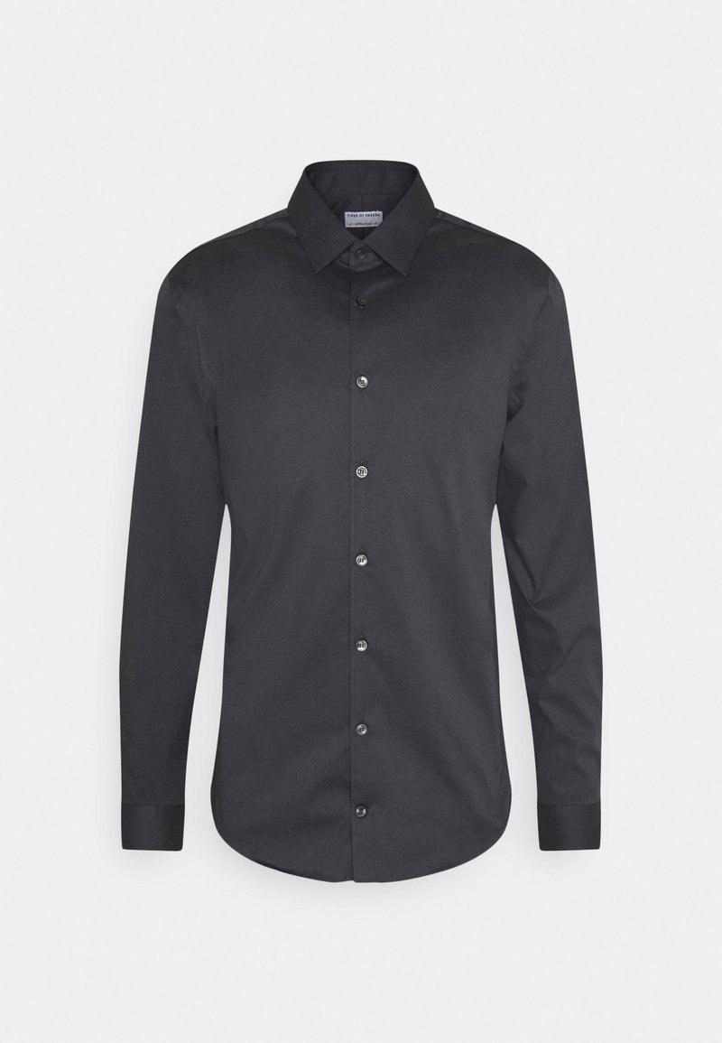Black long-sleeve shirt made of smooth fabric with a pointed collar, front button closure, and rounded hem. Features black buttons.