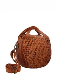 Brown leather handbag with woven front, short handle cutout, and adjustable shoulder strap on a white background.