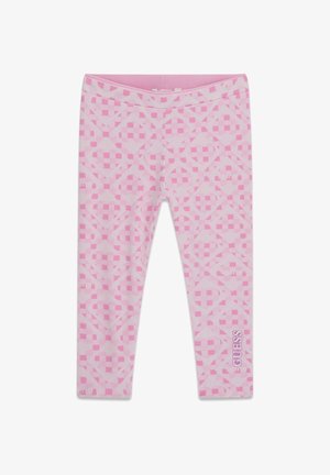 Pinkfarbene Leggings mit einem geometrischen Webmuster in hellerer Pinkfarbe. Hergestellt aus weichem Stoff, mit einem aufgedruckten Logo am unteren linken Bein.