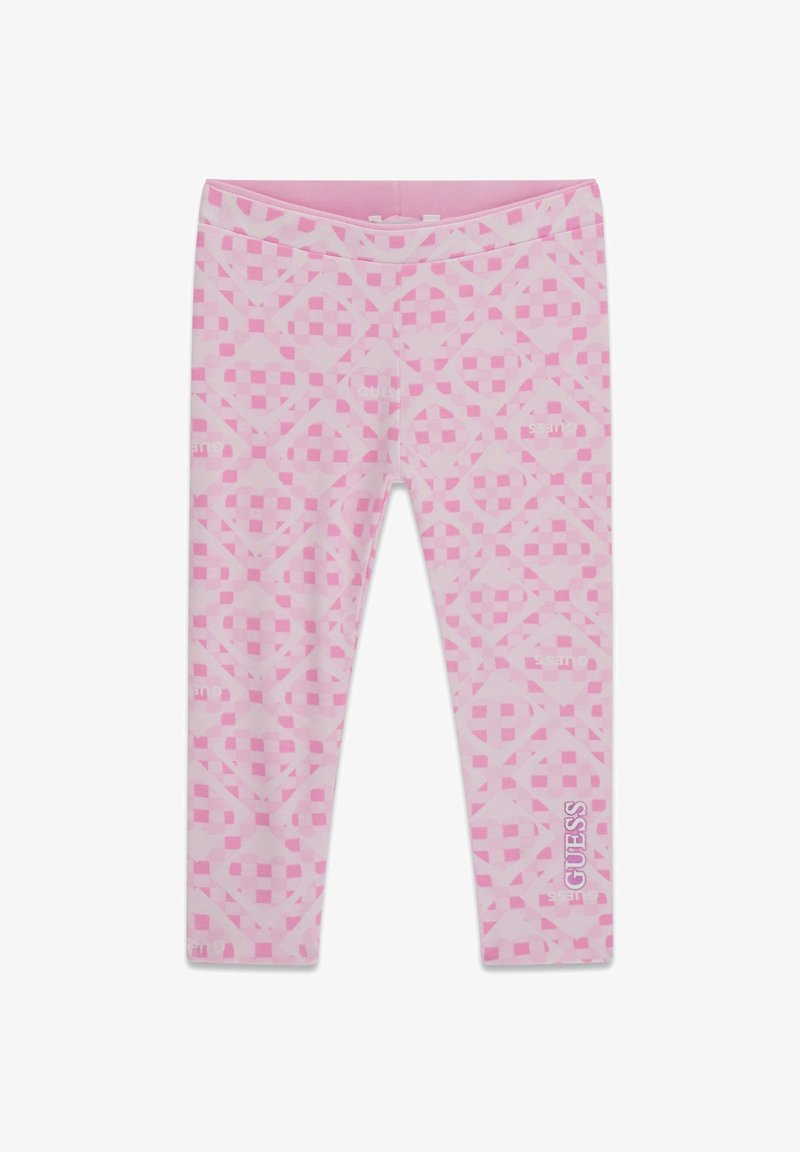 Lyserøde leggings med et geometrisk vævet mønster i lysere pink. Fremstillet af blødt stof, med et logo trykt på den nederste venstre ben.