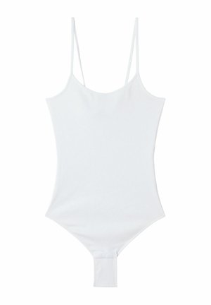 Bodysuit blanco acanalado con tirantes finos, escote redondeado y cierre a presión en la parte inferior. Textura suave con una silueta ajustada.