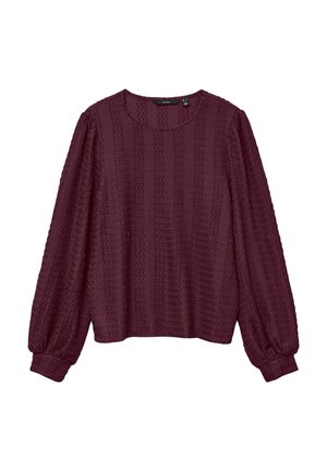 Blouse en prune à manches longues avec un tissu texturé, encolure ronde et manches à poignets, présentée à plat sur un fond blanc.