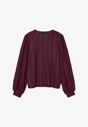 Langarmige pruimenblouse van textuurstof, met ronde halslijn en manchetmouwen, vlak gelegd op een witte achtergrond.