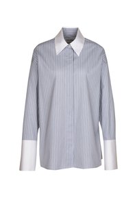 Gestreiftes Hemd in Blau und Weiß, mit einem weißen Kragen und Manschetten. Hergestellt aus glattem Stoff, mit langen Ärmeln und einem lässigen Schnitt.