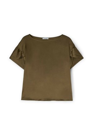 Olivgrüne Bluse mit kurzen Ärmeln, lockerem Schnitt, weichem Material, rundem Halsausschnitt und gefältelten Akzenten an den Ärmeln.