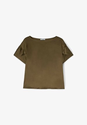 Olivgrüne Bluse mit kurzen Ärmeln, lockerem Schnitt, weichem Material, rundem Halsausschnitt und gefältelten Akzenten an den Ärmeln.