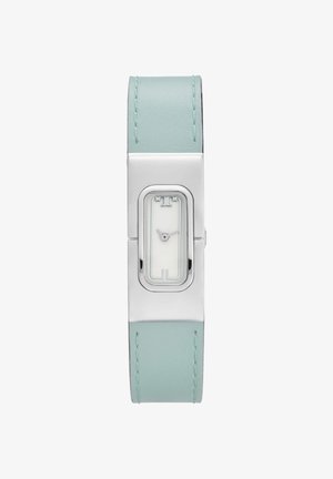 Silver rectangular watch with a narrow white dial and light blue leather strap, showing 3:05.