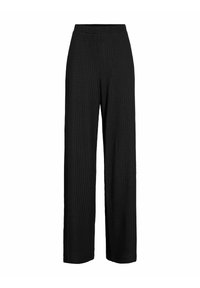 Pantalons larges noirs en tissu texturé avec taille élastique. Lignes épurées et pas de fermetures ou de poches visibles.