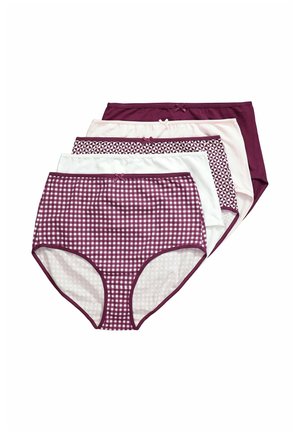 Cinco braguitas de talle alto para mujer en tonos morados y blancos, con patrones sólidos, a cuadros y geométricos, con pequeños lazos decorativos.