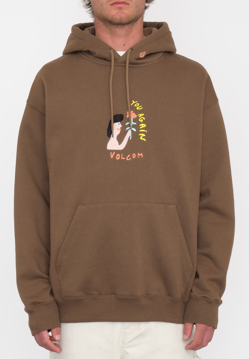 Felpa marrone con un design grafico che presenta un personaggio che tiene fiori. Cappuccio regolabile con cordino, tasca a marsupio, polsini e orlo a coste.