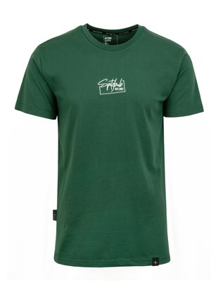 Dunkelgrünes Baumwoll-T-Shirt mit einem weißen Logo „Spitzdubl EST.2017“ auf der Brust, kurzen Ärmeln und geradem Schnitt.