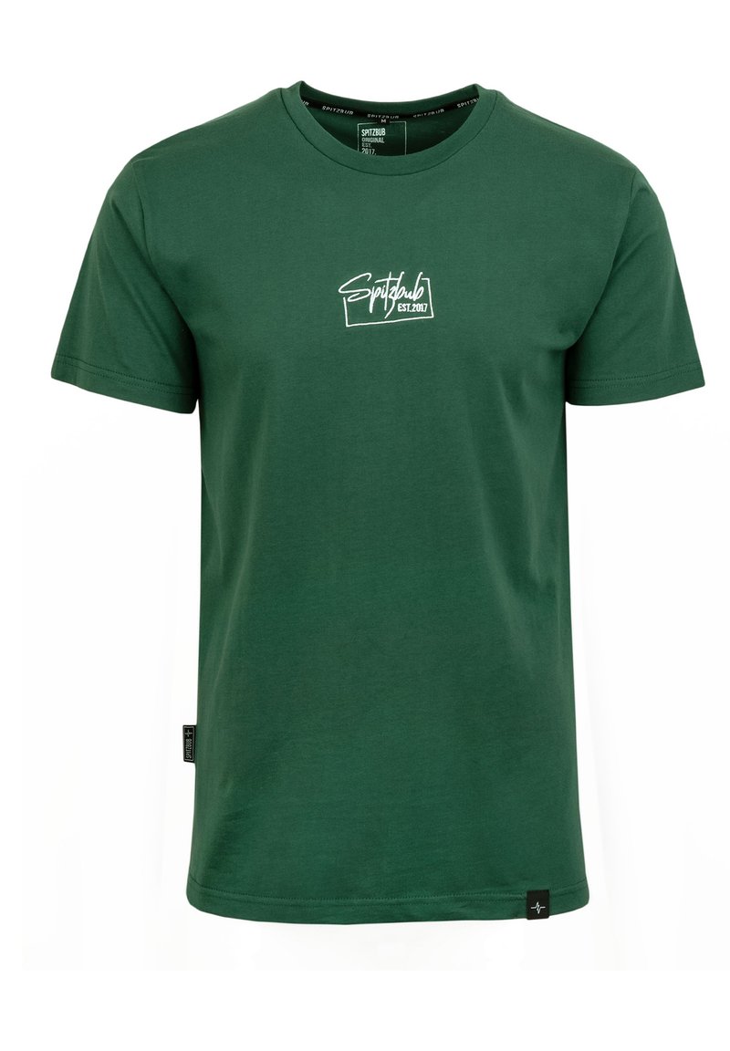 Dunkelgrünes Baumwoll-T-Shirt mit einem weißen Logo „Spitzdubl EST.2017“ auf der Brust, kurzen Ärmeln und geradem Schnitt.