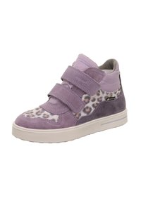 Lila High-Top-Sneaker mit Leopardenmuster, aus Wildleder und synthetischen Materialien, ausgestattet mit zwei Klettverschlüssen und einer weißen Gummisohle.