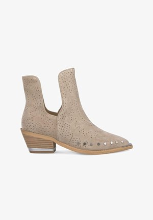 Beige suede ankle boots with a pointed toe, cut-out detailing, and silver accent studs on the upper. Low stacked heel with silver trim.