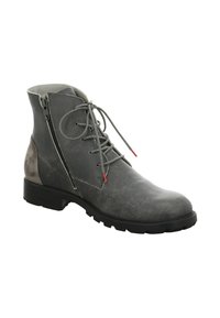 Grijze leren enkellaars met vetersluiting aan de voorkant, zijrits en contrasterende grijze suède hakaccent. Geverfde afwerking en stevige zwarte zool.