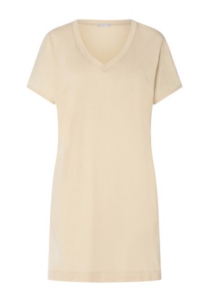 Béžové tričko s výstřihem do V, vyrobené z měkké bavlny, s krátkými rukávy a volným střihem, s hladkou, jednobarevnou texturou.