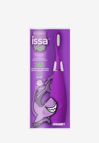 Lila silikon sonic tandborste för barn med ett texturerat handtag, en leende hajgrafik och förpackning som lyfter fram lång batteritid.