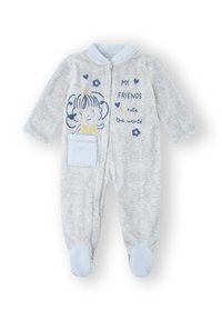 Pelele para bebé de color gris claro con pies azules, bolsillo frontal, dibujo animado de una niña y texto "MIS AMIGOS gobiernan el mundo" con corazones y flores.
