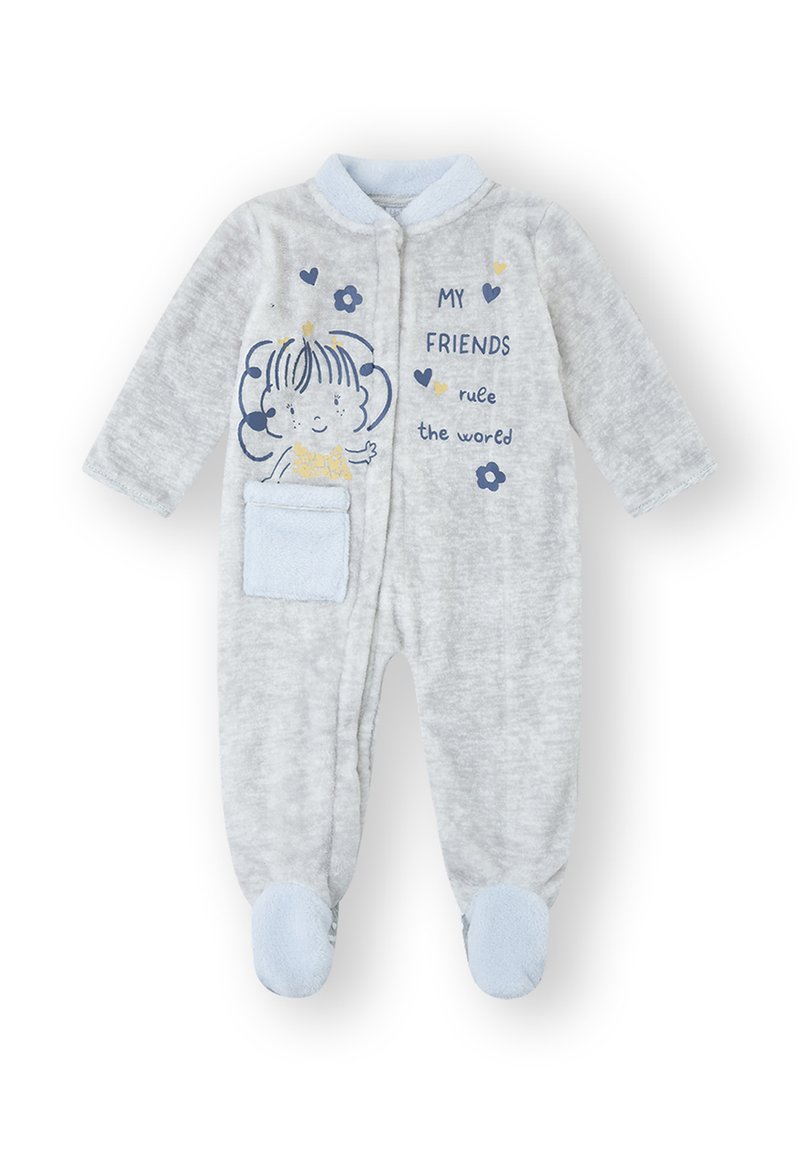 Pelele para bebé de color gris claro con pies azules, bolsillo frontal, dibujo animado de una niña y texto "MIS AMIGOS gobiernan el mundo" con corazones y flores.