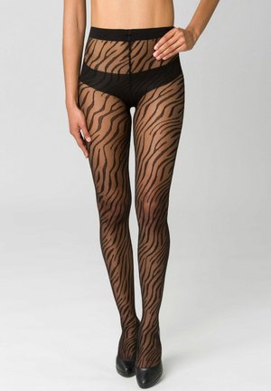 Black sheer tights with a tiger stripe pattern, featuring a high waistband and smooth texture, paired with black heels.