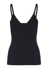 Zwarte tanktop met dunne banden, met een aansluitende pasvorm, een gladde textuur en een lage rugontwerp. Eenvoudige, naadloze constructie.