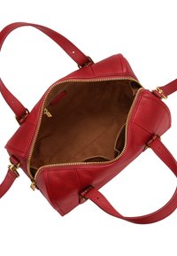 Sac à main en cuir rouge avec fermeture éclair, intérieur spacieux avec doublure en tissu lisse et poignées réglables. Accent en métal doré.