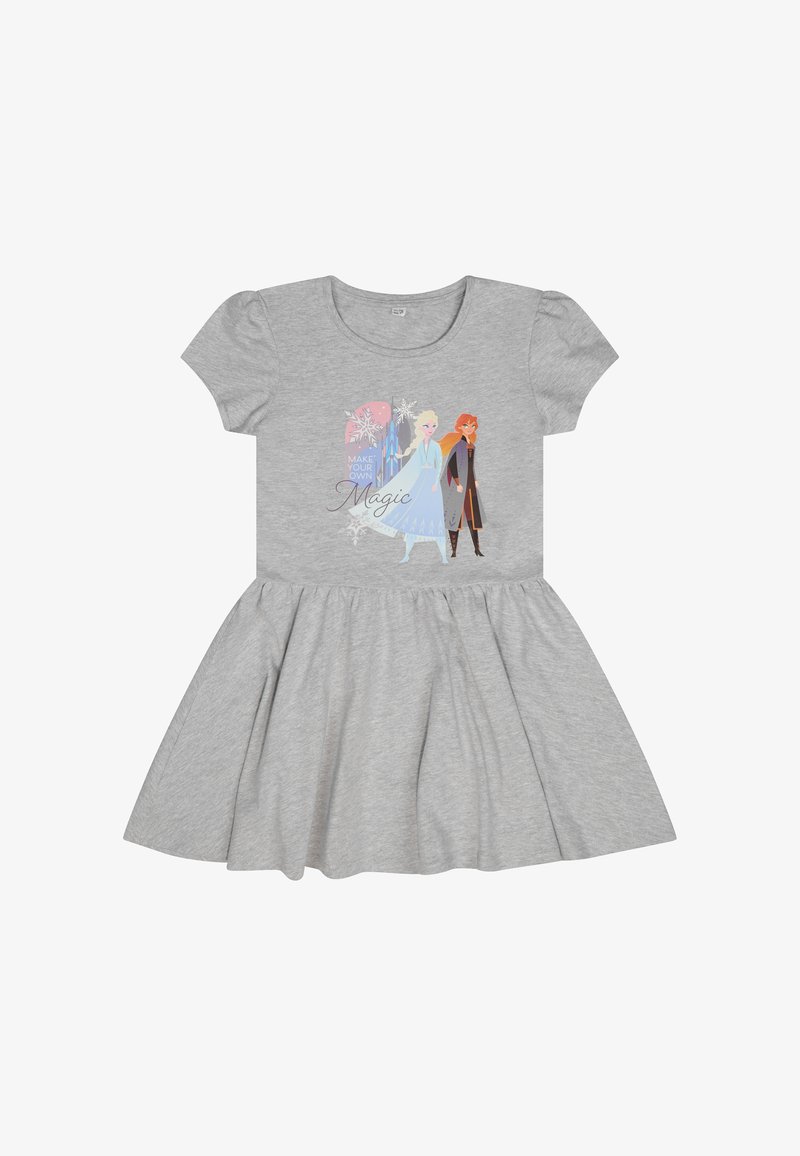 Vestido corto gris de manga corta con falda acampanada. Estampado gráfico con dos personajes y el texto "CREA TU PROPIA Magia". Material de algodón suave.