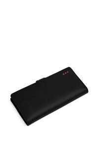 Black leather wallet with a sleek design, featuring a flap closure, three small pink dots, and smooth texture.