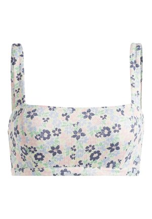 Bralette courte à imprimé floral dans des couleurs pastel ; dotée de larges bretelles et d'un tissu texturé avec des motifs de fleurs bleues, roses et vertes.