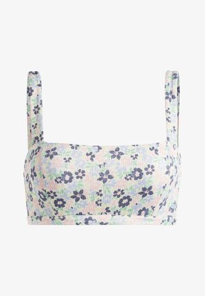 Korte bloemrijke bralette in pastelkleuren; heeft brede banden en een textured stof met blauwe, roze en groene bloemenpatronen.