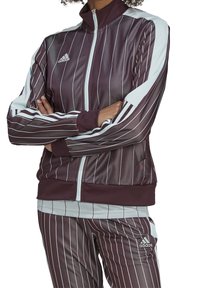 Bordeauxfarbener Trainingsanzug mit vertikalen weißen Streifen, aus glänzendem Stoff. Hoher Kragen und Reißverschluss. Enthält das Adidas-Logo auf der Brust und an den Hosen.