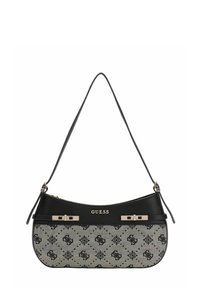 Sac à main noir et gris à forme incurvée, en tissu et similicuir, présentant un motif logo répété et des accents en métal doré.