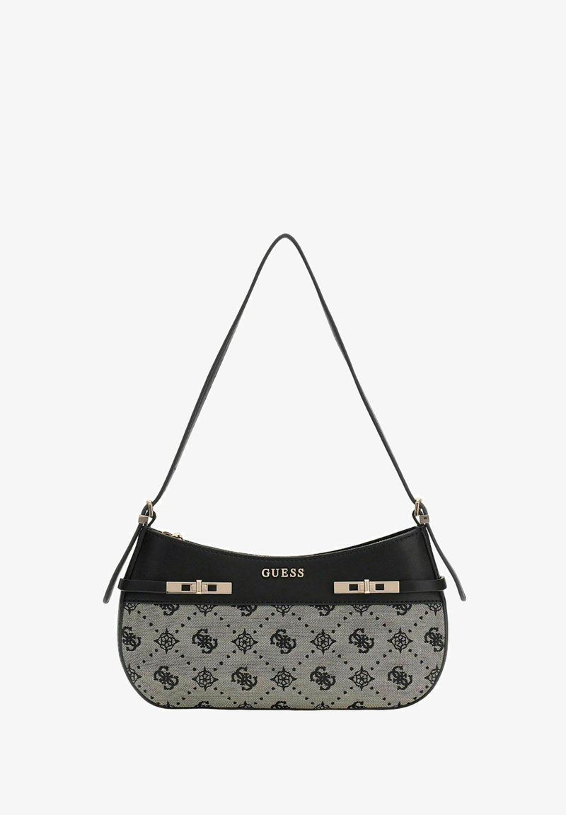 Sac à main noir et gris à forme incurvée, en tissu et similicuir, présentant un motif logo répété et des accents en métal doré.