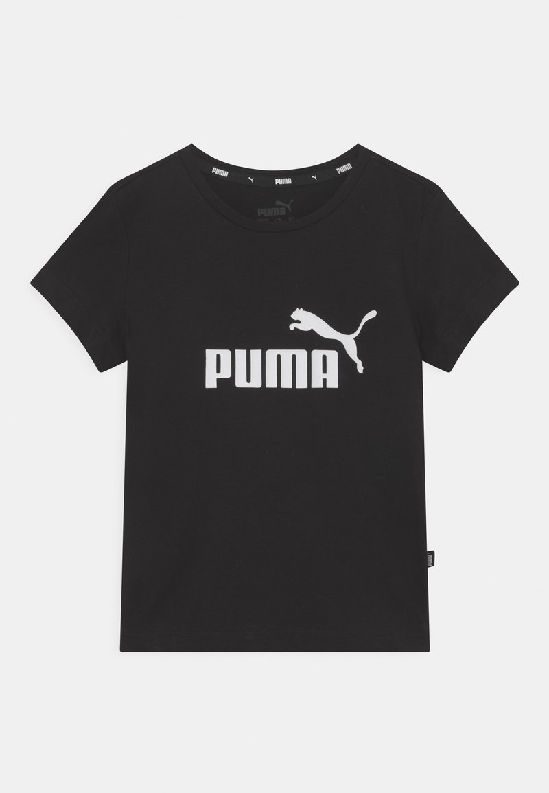 Černé bavlněné tričko s krátkými rukávy, s velkým bílým logem "PUMA" a siluetou pumy na přední straně. Kulatý výstřih, běžný střih.