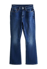 Jean en denim bleu foncé avec légère décoloration, coupe droite, style cinq poches, fermeture par bouton et fermeture éclair, et passants pour ceinture à la taille.