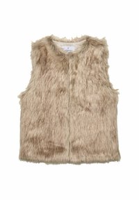 Beżowa kamizelka z sztucznego futra, bez rękawów, z okrągłym dekoltem i miękką, teksturowaną powierzchnią. Subtelny połysk podkreśla jej ciepły, neutralny kolor.