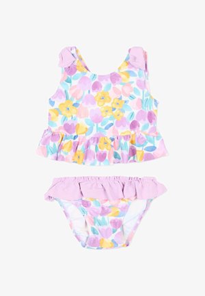 Peuter tweedelig badpak met kleurrijke bloemenprint en paarse ruches op top en broekje.