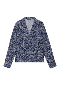 Blusa a maniche lunghe di colore blu navy con un motivo floreale nei toni del blu e crema, dotata di scollatura a V e vestibilità ampia. Texture liscia.
