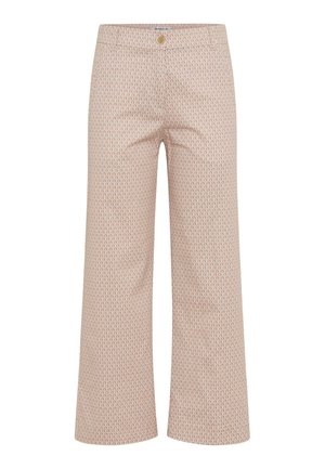 Beige Hosen mit weitem Bein, kleinem rotem und weißem geometrischem Muster, Knopfverschluss und Vordertaschen.